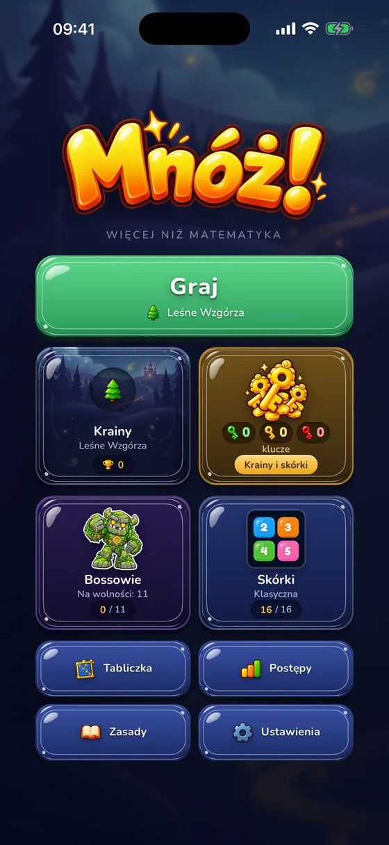 Ekran startowy gry Mnóż!: przycisk Graj, krainy, klucze i bossowie
