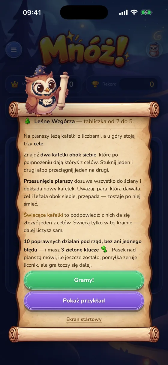 Sowa rozwija pergamin z zasadami krainy